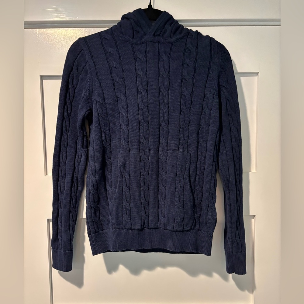 Brooks Brothers Navy Blue Hooded Cable Knit Sweater front Pocket Kids Size M